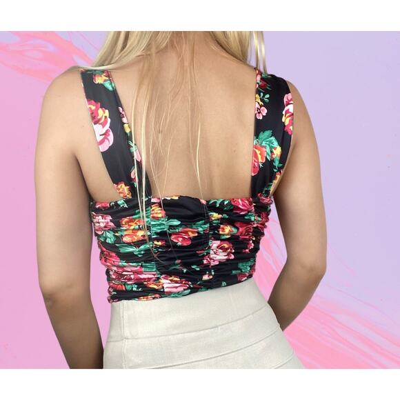 New S Floral Ruched Deep V Neck Wired Bodysuit Black 90's Retro - Picture 3 of 8
